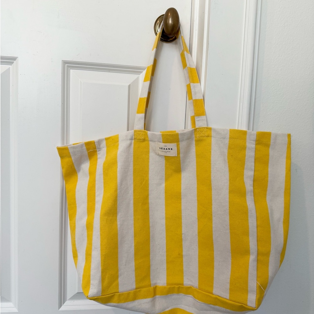 Sezane Yellow and White Striped Canvas Tote Bag